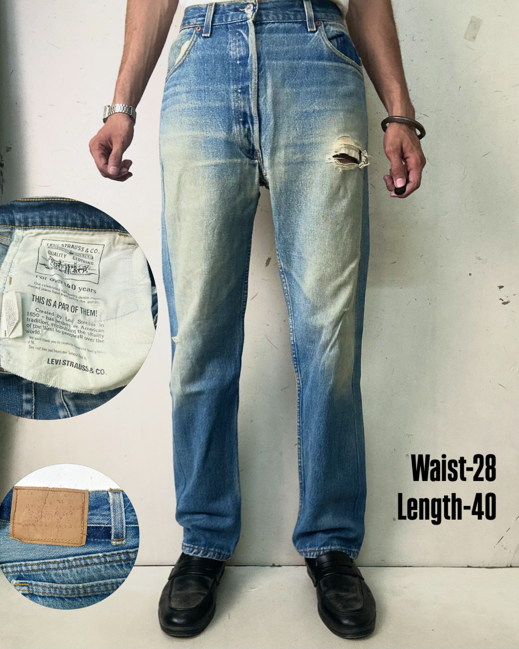 VINTAGE LEVI’S 501 DISTRESSED RARE DENIM BOTTOMS,W28/L40
